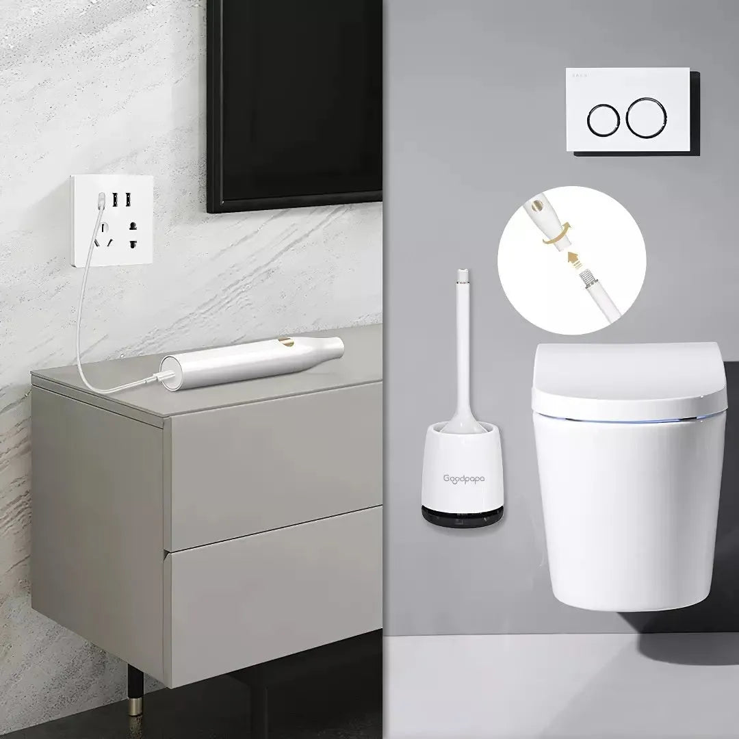 White wireless electric toilet brush with rotating head, ABS body, USB charging base, and PP brush on a bathroom floor