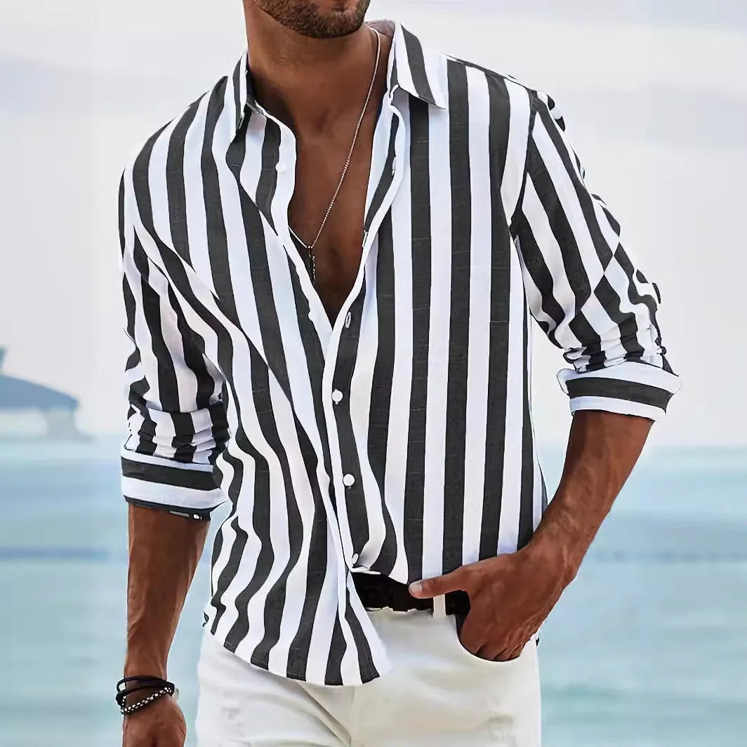 Men's loose-fit striped long-sleeved casual shirt in a light grey colour, showing cardigan style.