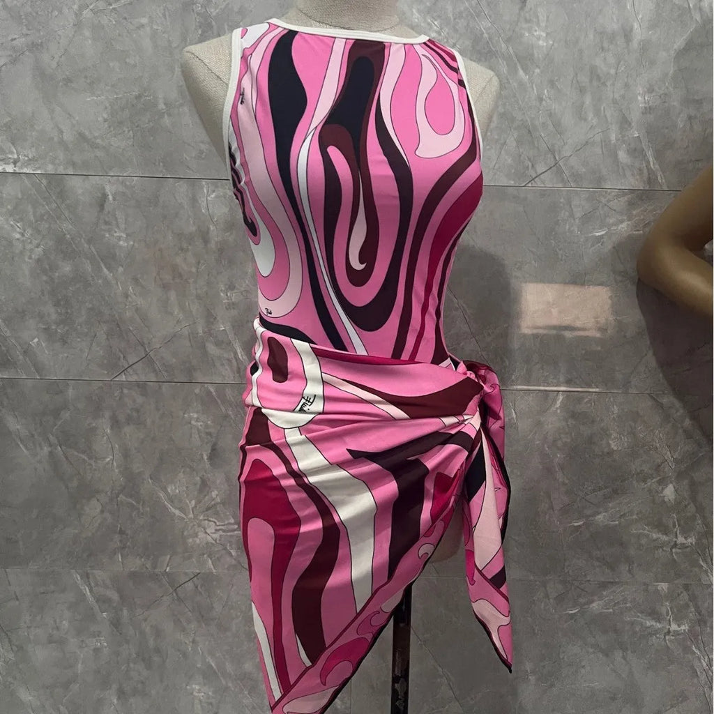 Women's striped polyester conjoined square scarf bikini swimsuit in blue and pink