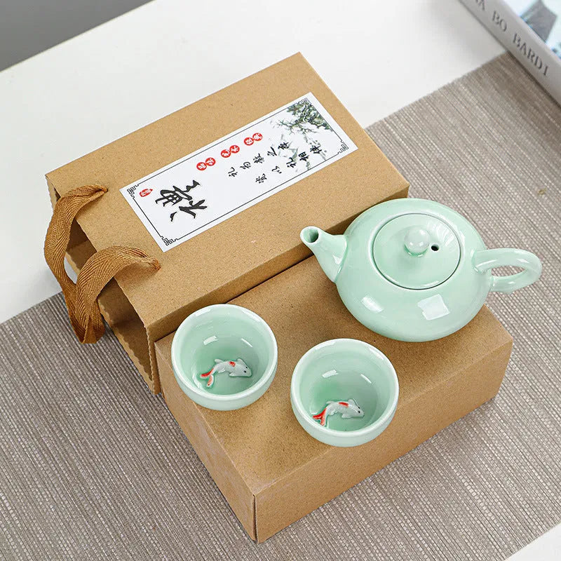 Ceramic celadon portable tea set with teapot and six cups in modern simple style