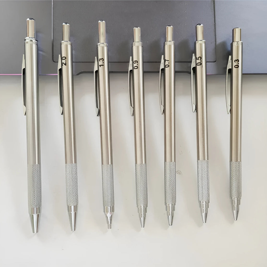 A metal mechanical pencil for drafting and writing with multiple lead size options.