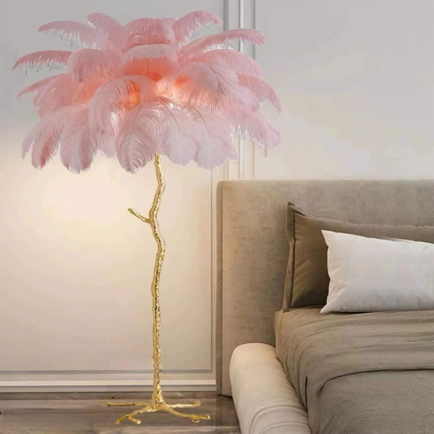 Tall resin feather floor lamp with a choice of white, pink or dark green feathers on a substantial base.