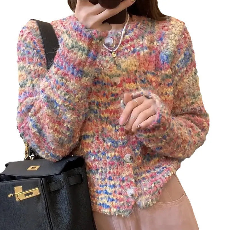 Rainbow pattern knitted cardigan in acrylic fibre with slim fit and regular sleeves