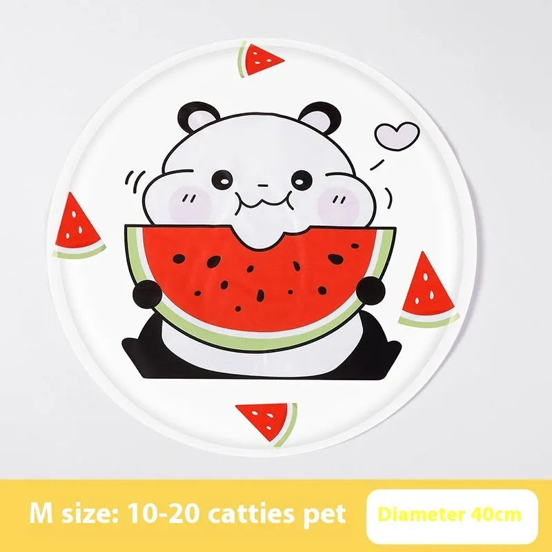 Round pet cooling mat with blue polar bear cartoon design on soft cloth fabric for dogs.