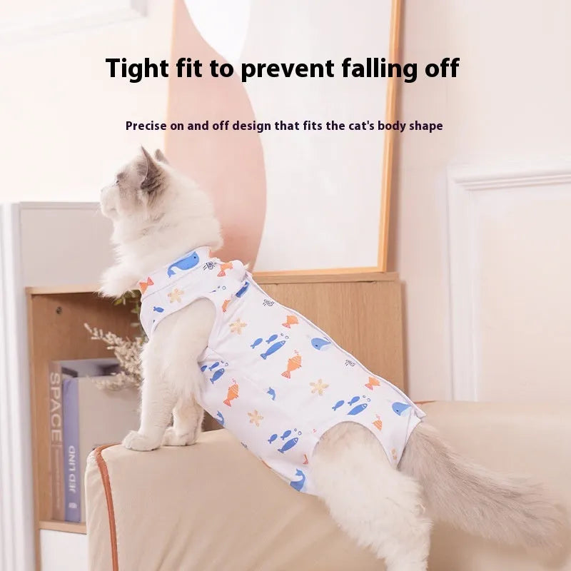 Cat wearing a patterned post-surgery recovery suit with Velcro fastenings on the back.