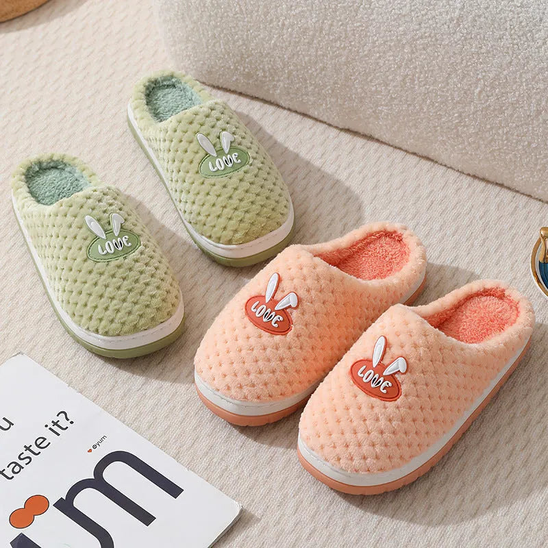 Women's plush rabbit plaid house slipper with thick sole, shown in a solid colour option.