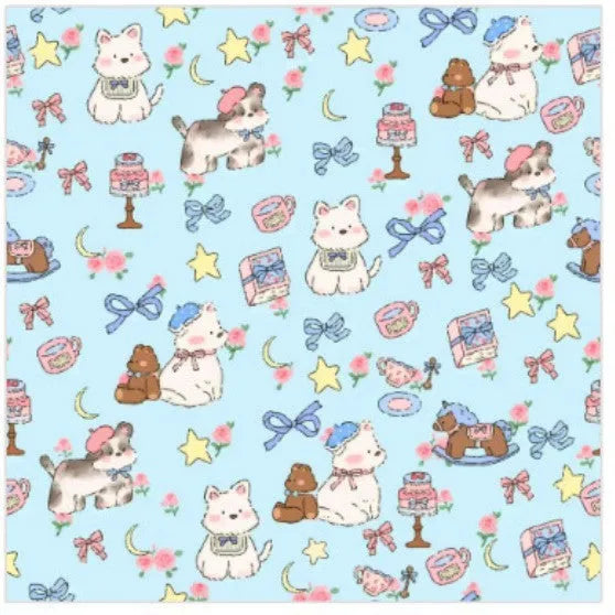 Nylon cosmetic bag with cartoon cat print in blue puppy design, shown in large, medium, and small sizes.