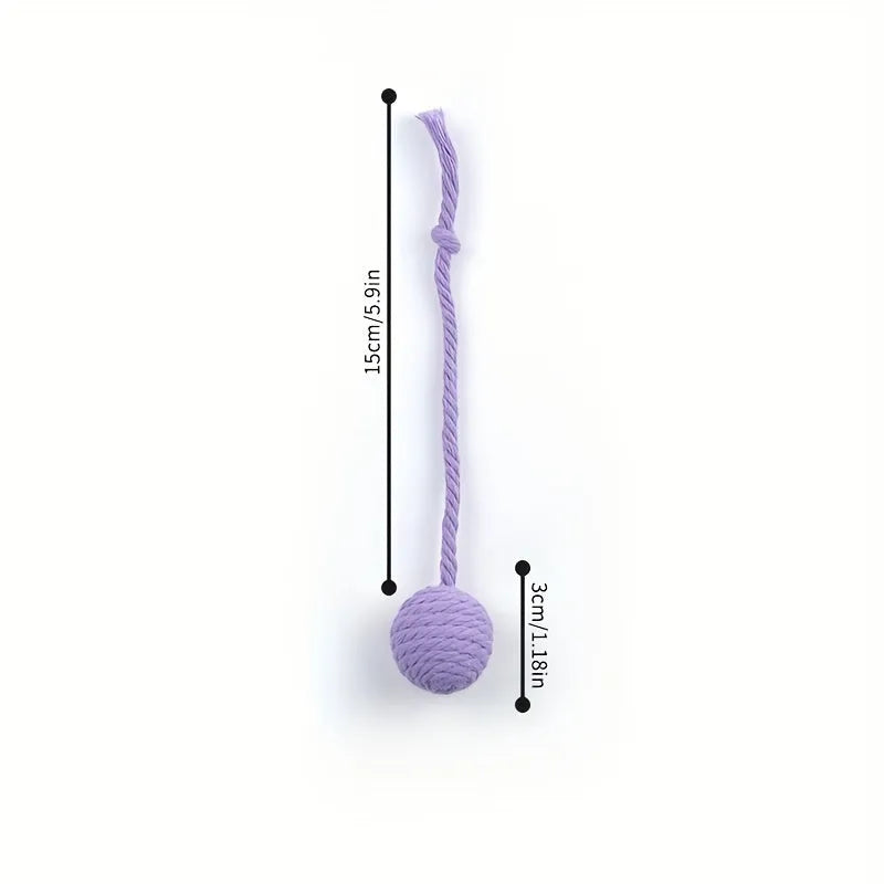 Cat toy ball with rope in four colours: green, pink, purple, and yellow