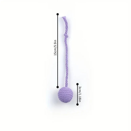 Cat toy ball with rope in four colours: green, pink, purple, and yellow