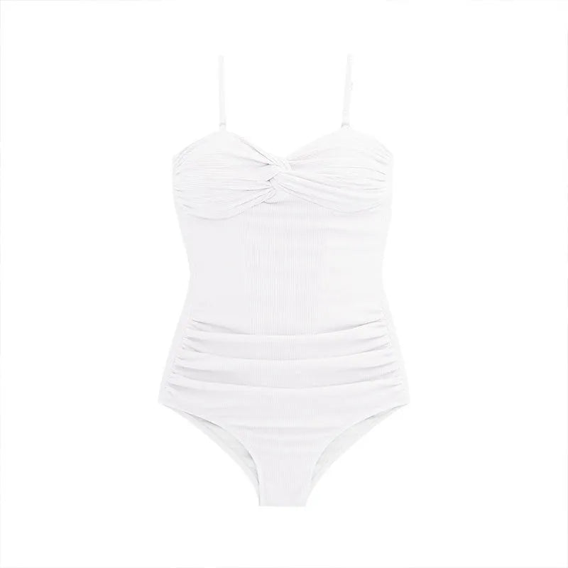 Black women's suspender-style high-waist one-piece swimsuit on a model