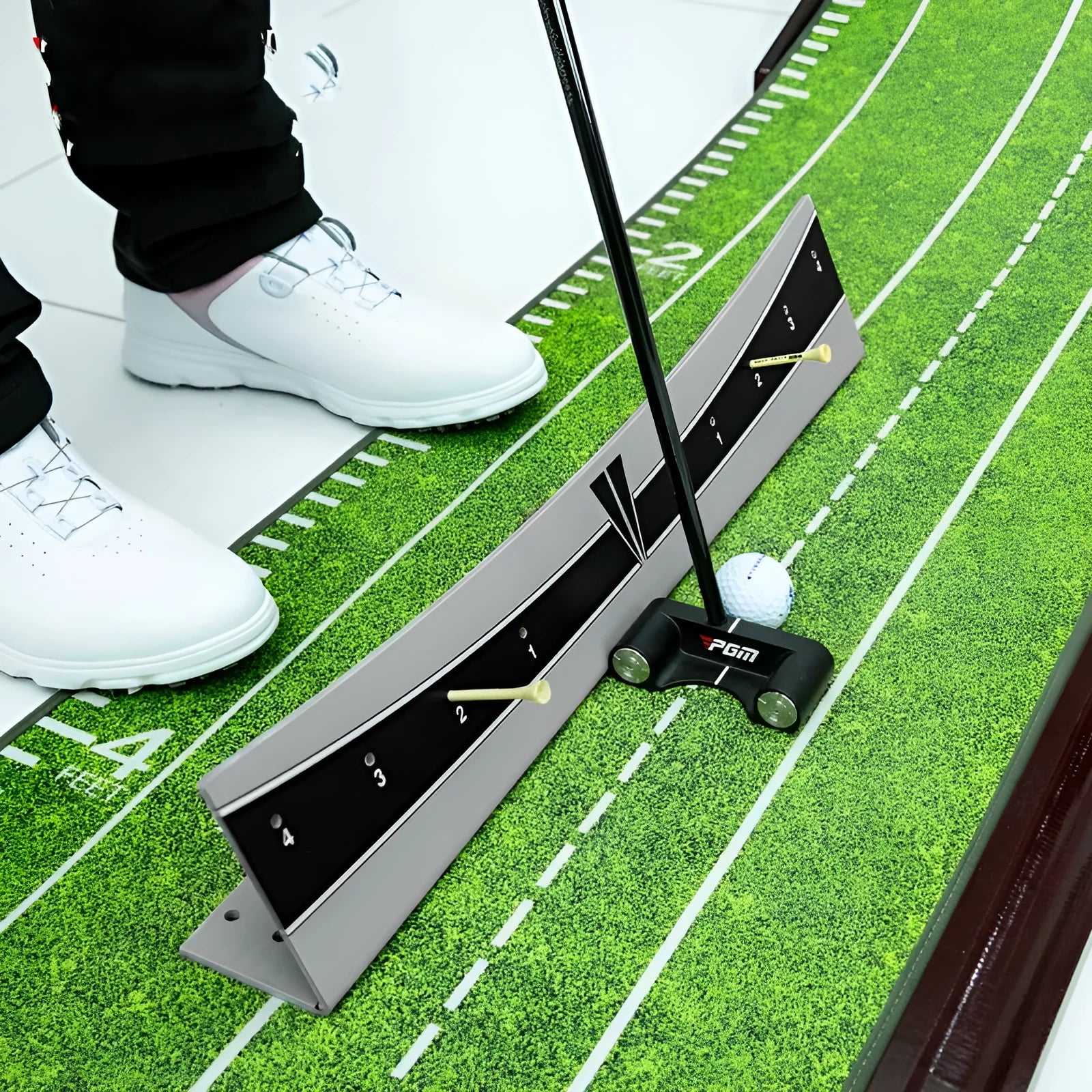 Adjustable golf putter trajectory balance simulator made from white PVC plastic.