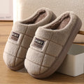 Men's grey and brown plaid winter slippers with thick woolen bottom and rabbit hair upper