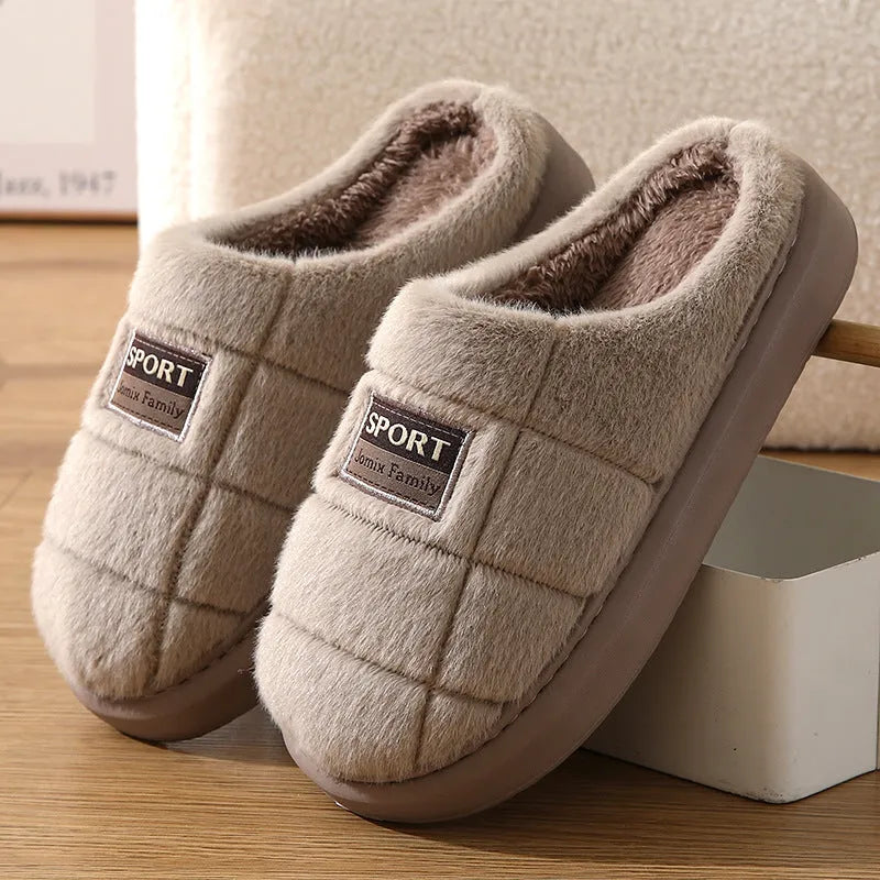 Men's grey and brown plaid winter slippers with thick woolen bottom and rabbit hair upper