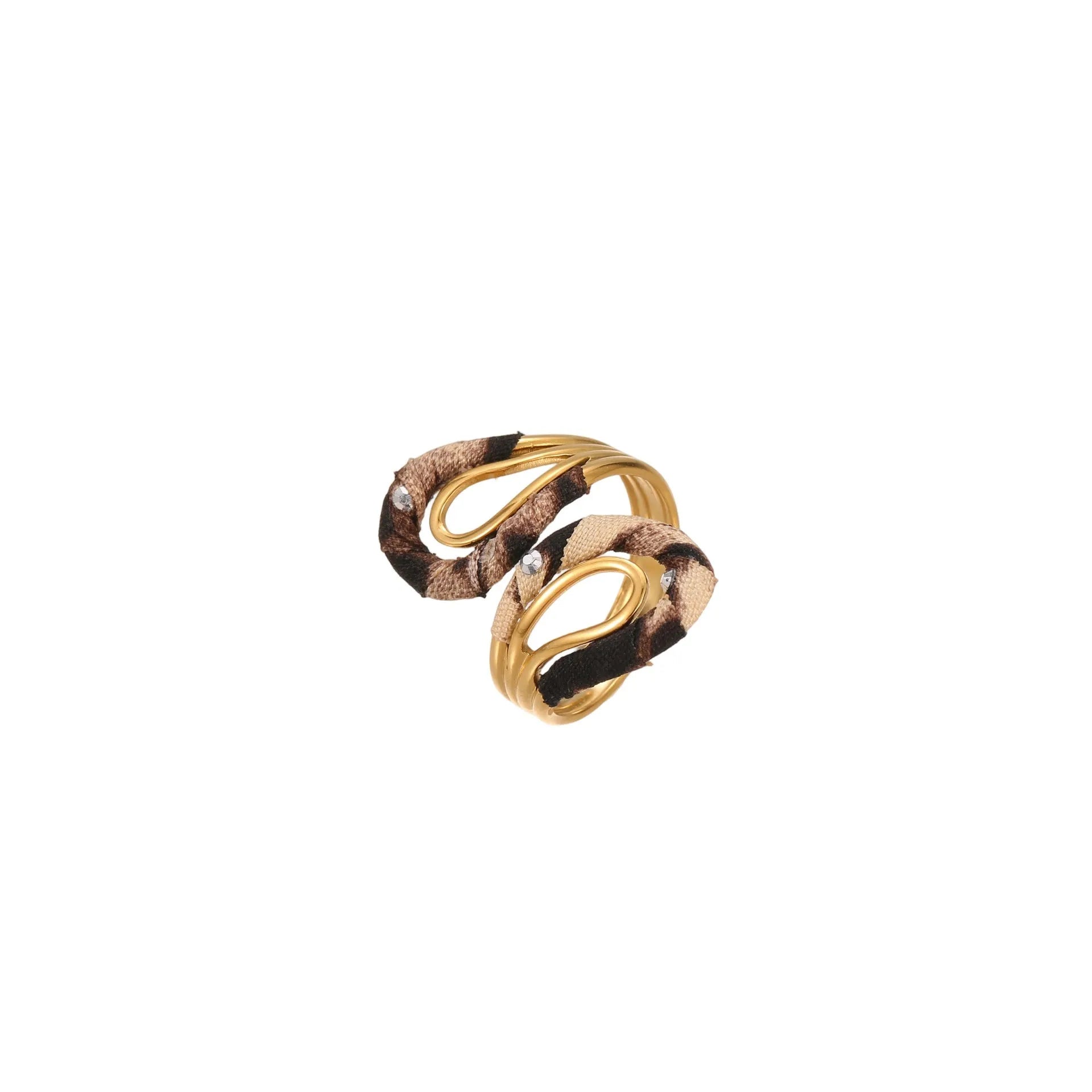 Leopard print stainless steel open ring with asymmetric geometric heart and star shapes