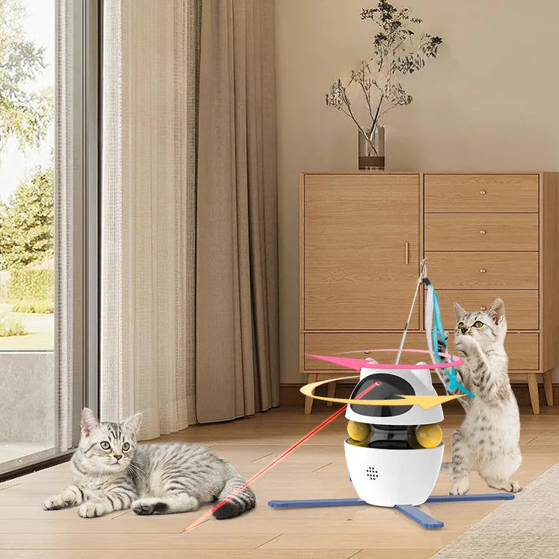 White interactive cat toy with funny stick and elastic rope for indoor cats
