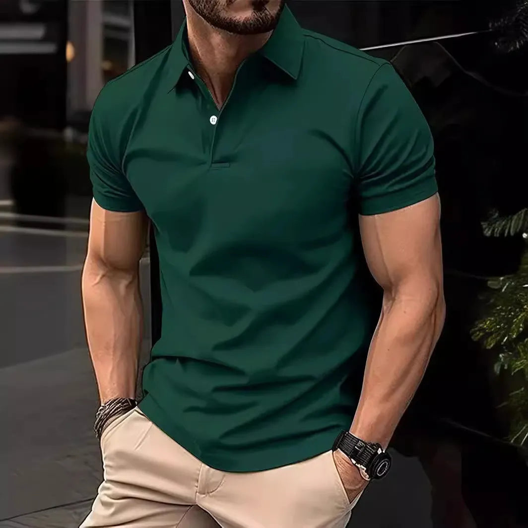 Men's slim-fit solid colour short sleeve button-up shirt in a cotton-mix fabric