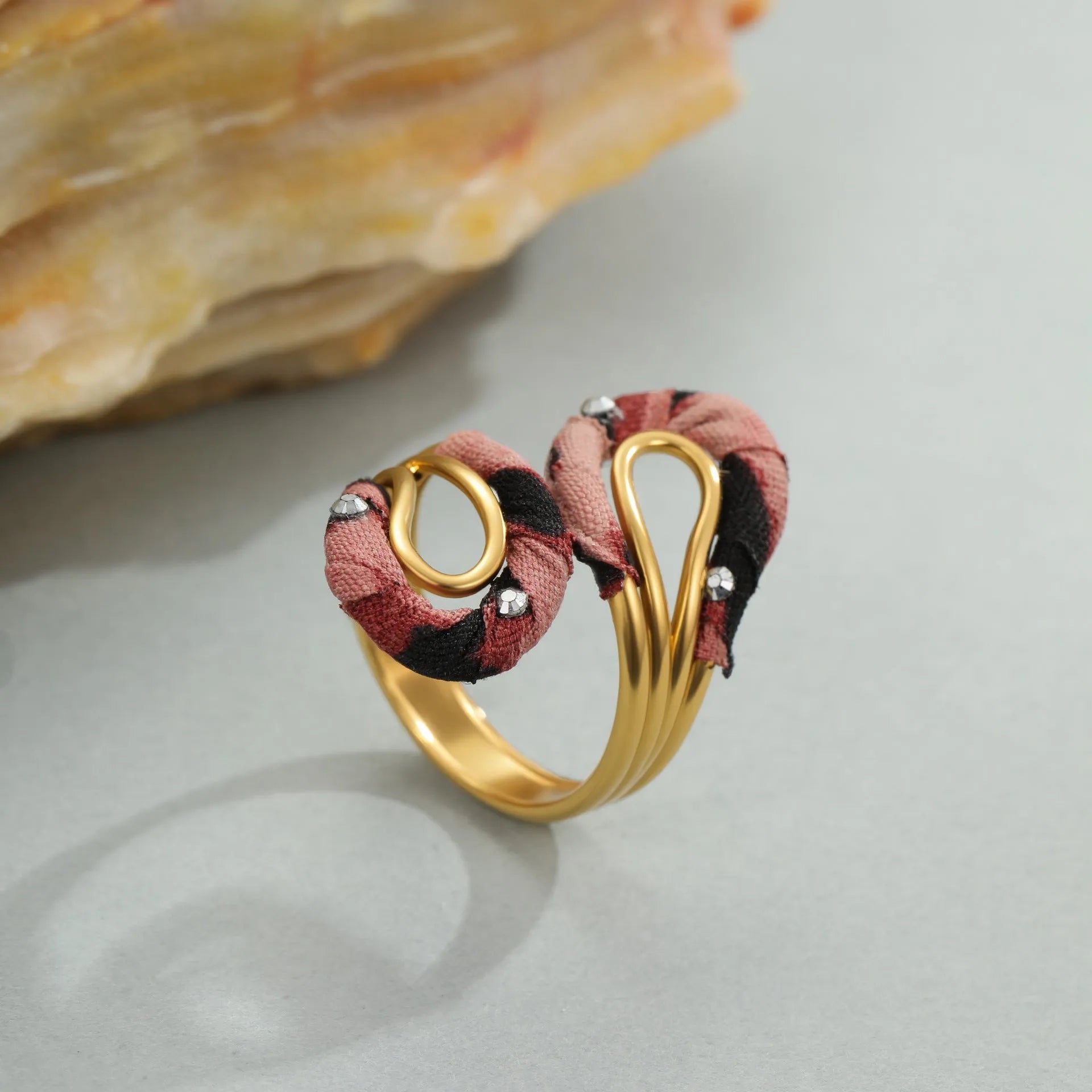 Leopard print stainless steel open ring with asymmetric geometric heart and star shapes