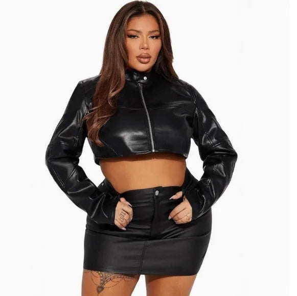 Women's cropped biker-style leather jacket in black with zipper details, slim fit, ultra-short length