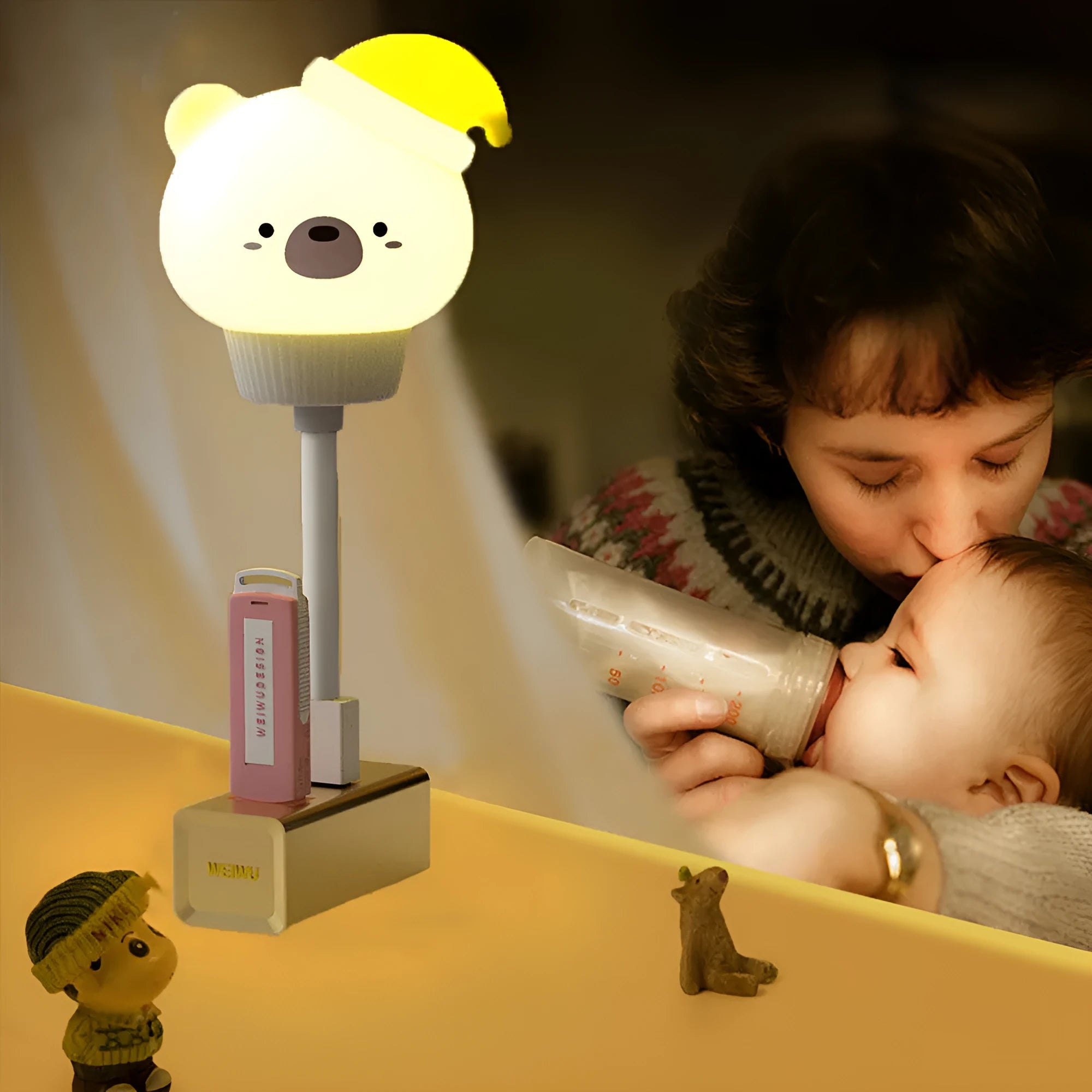 Cartoon animal USB night light with adjustable brightness on bedside table