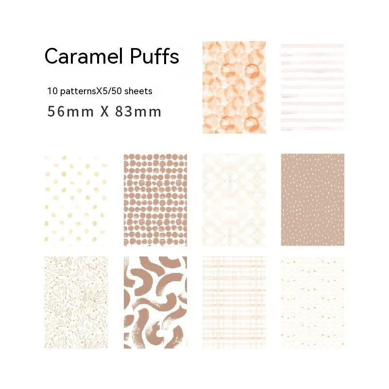 Pack of 50 retro dessert-themed collage note papers in ten colours including caramel puff and blueberry wood sauce.