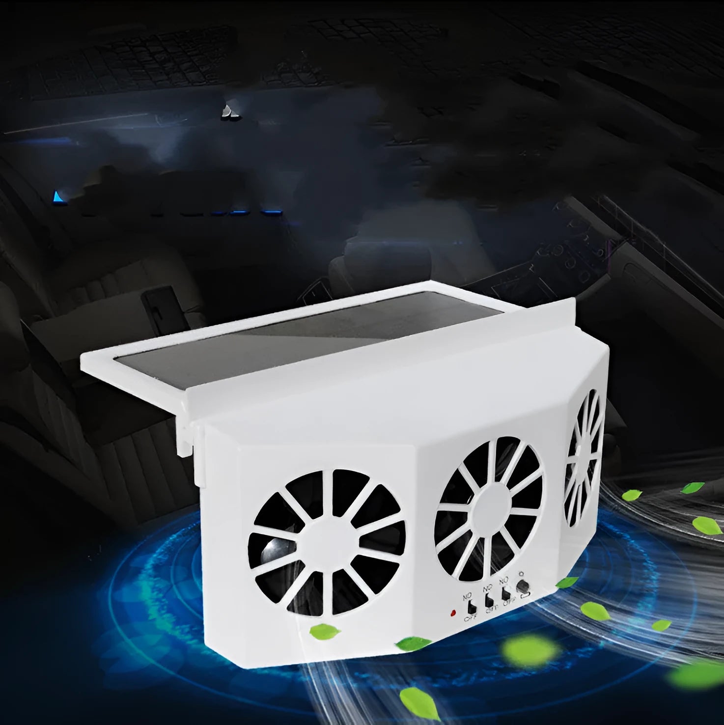 Solar car exhaust fan with three air outlets, 220x65x110mm, black colour, plastic strips
