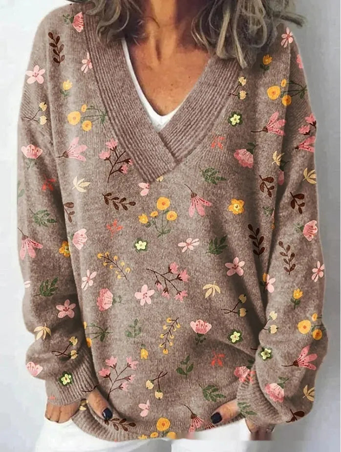Women's V-neck long sleeve sweatshirt with a detailed 3D floral printed pattern in a retro style.