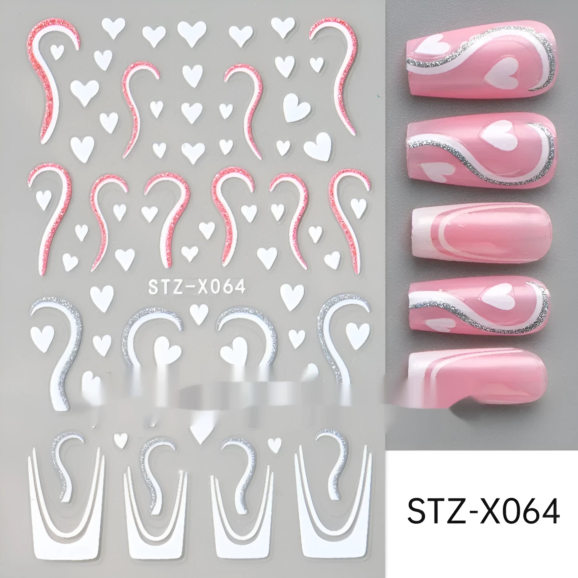 Pack of black and silver striped nail art stickers with cartoon and love pattern designs.