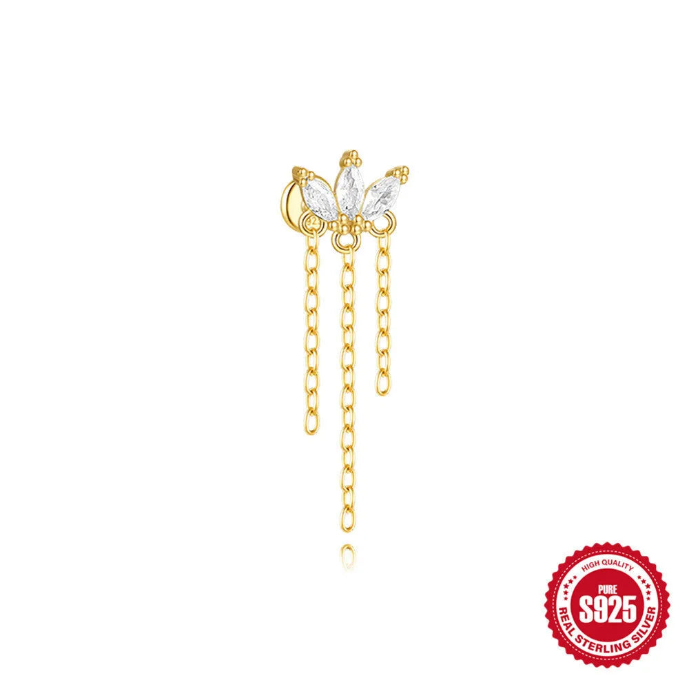 S925 sterling silver geometric kite earring with rhinestones and a chain tassel in a gold colour.