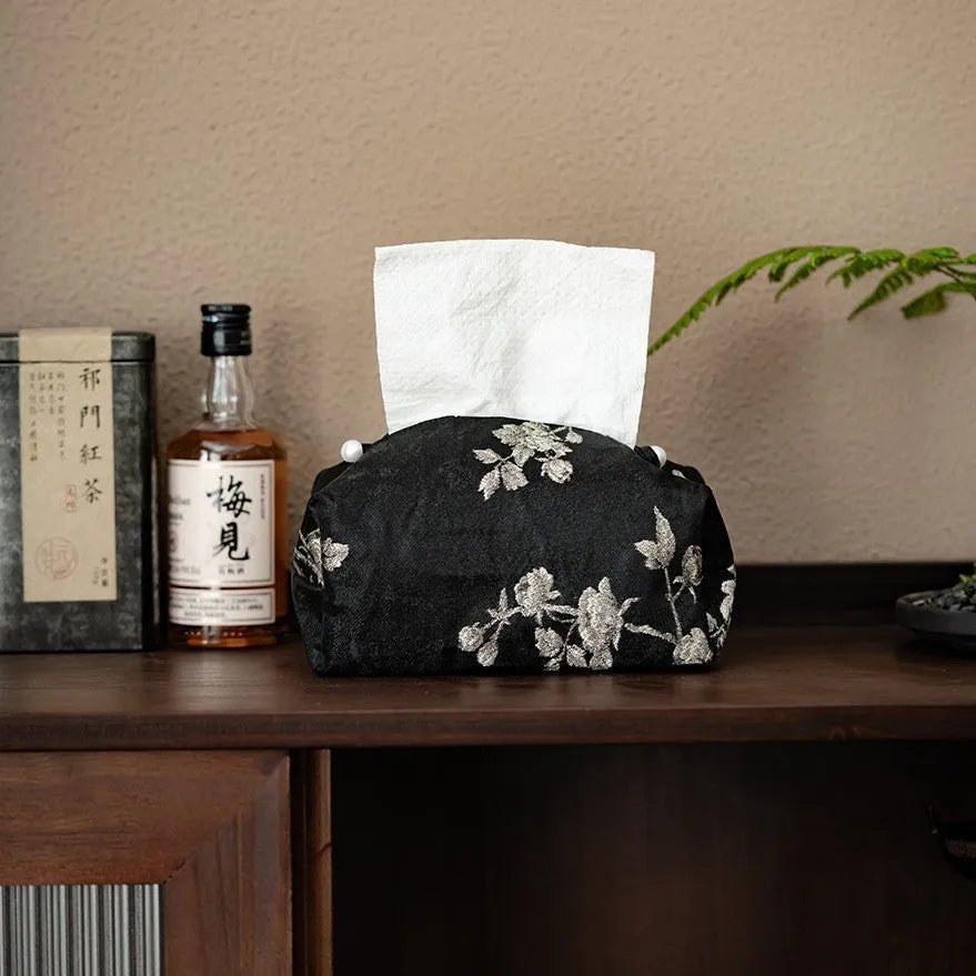 Chinese brocade tissue box cover with embroidered white plum design