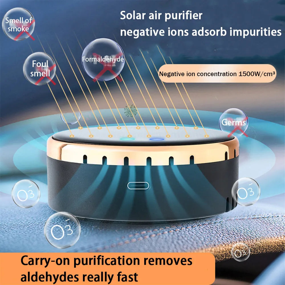 Black solar-powered car air humidifier mounted on a vehicle air conditioning vent.