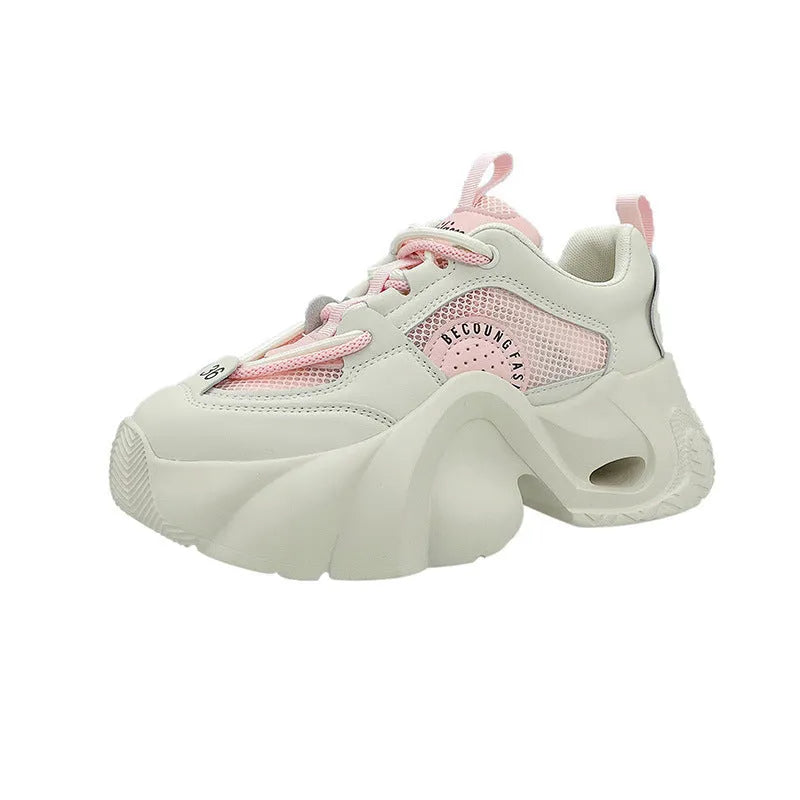 Women's pink sneakers with cross shoulder straps and thick sole design