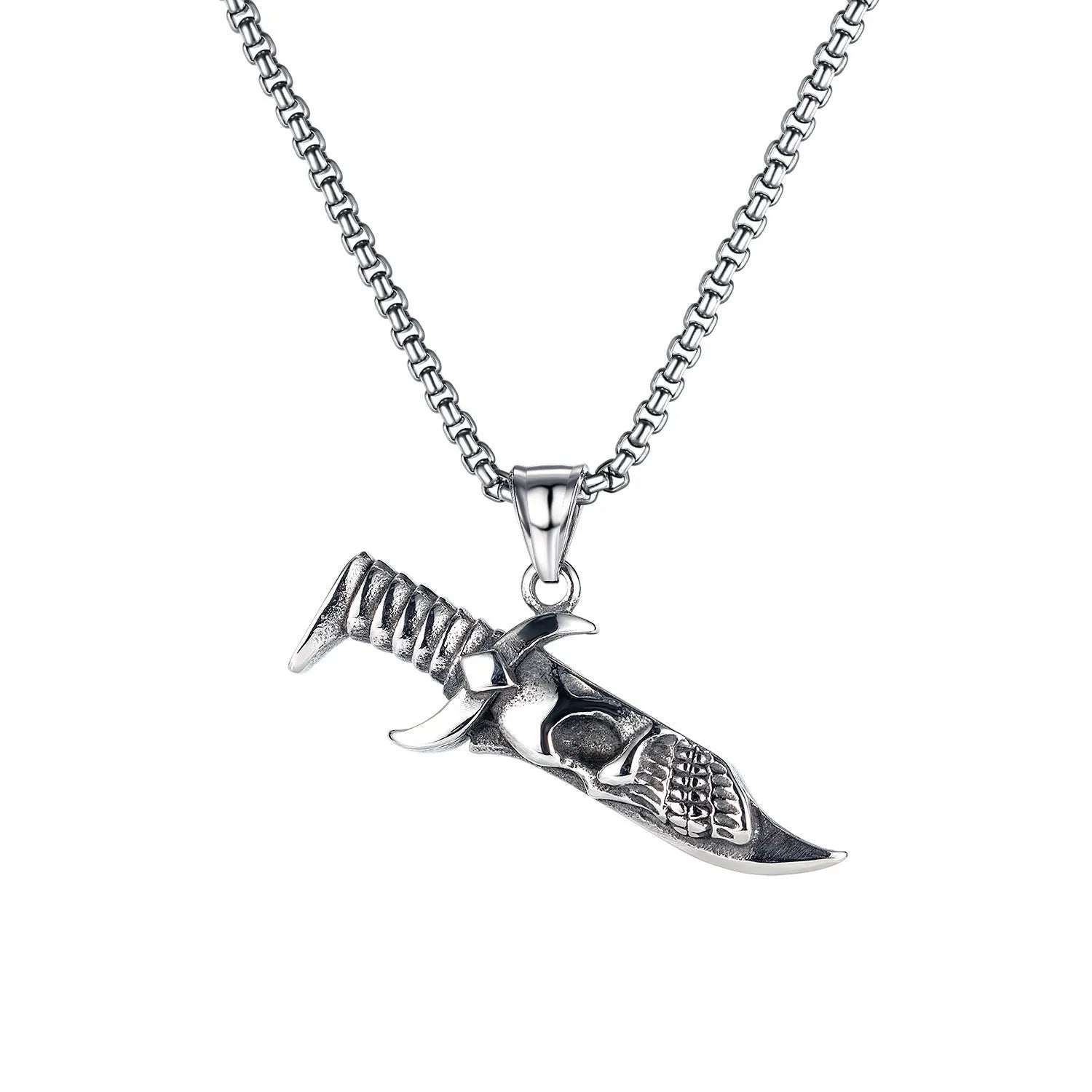 Men's stainless steel skull necklace with electroplated silver finish showing six pendant design options