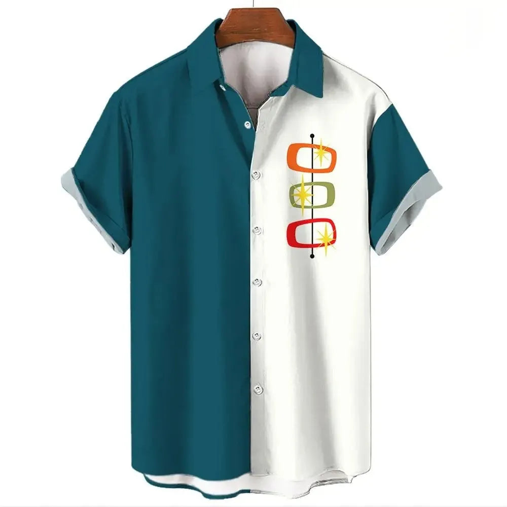 Men's stripe pattern Hawaiian shirt with short sleeves and elastic band construction