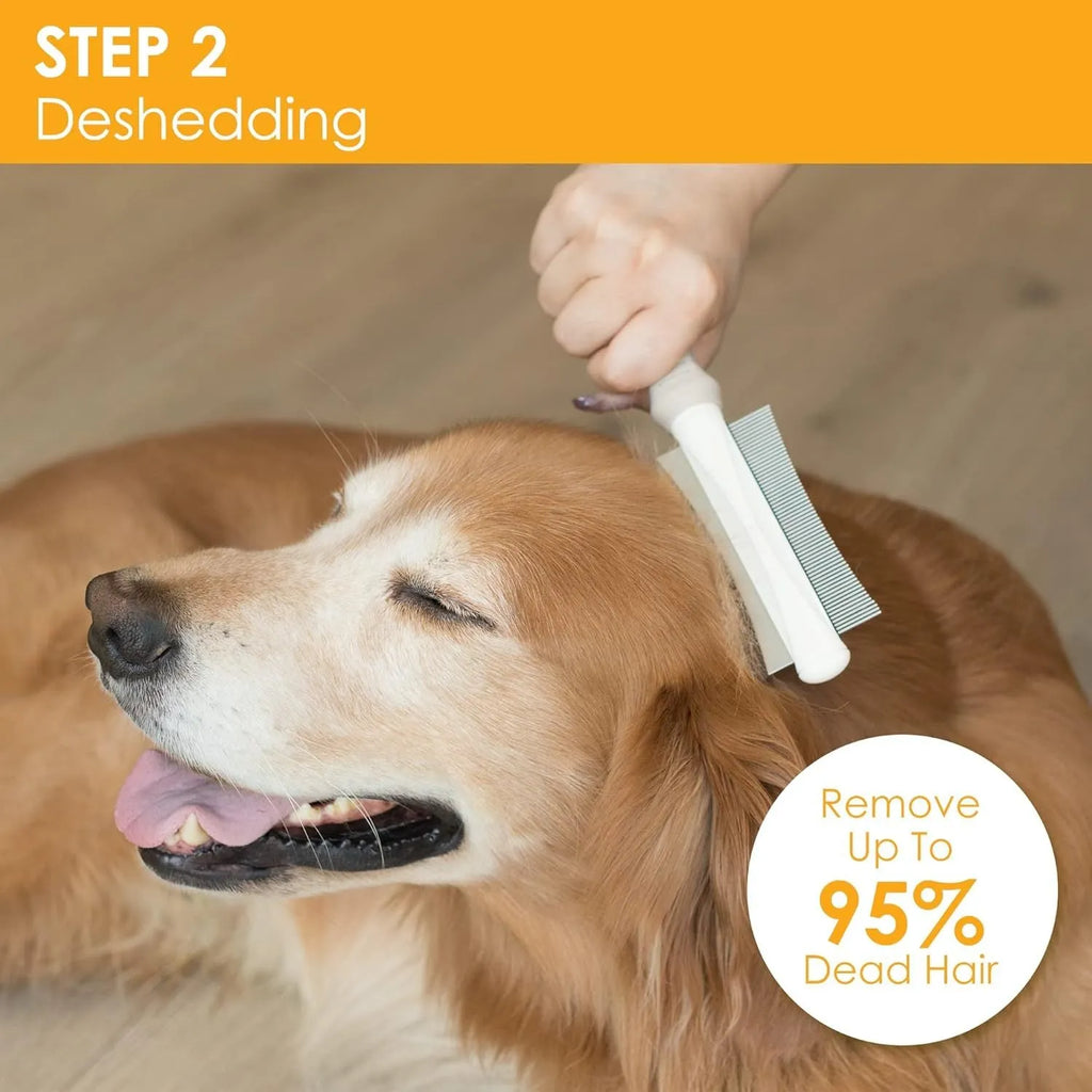 White 2-in-1 dog and cat grooming brush showing curved comb side and deshedding brush side