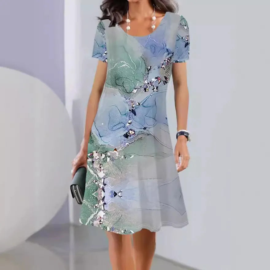Women's ice silk A-line midi dress with short sleeves and a painted botanical print