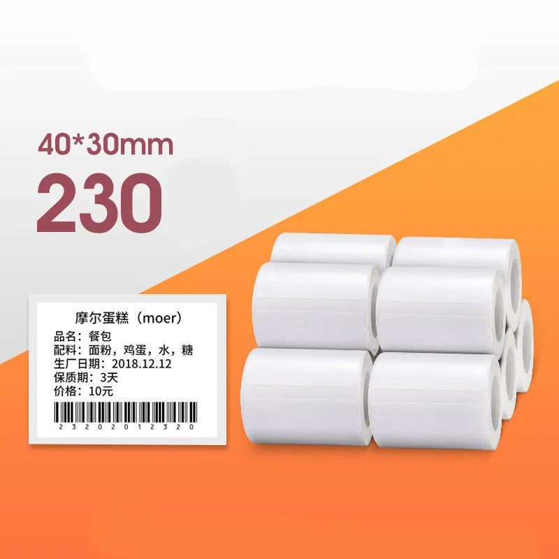 Thermal barcode paper labels with protective film on a roll, multiple size options from 30mm to 80mm, direct thermal printing.