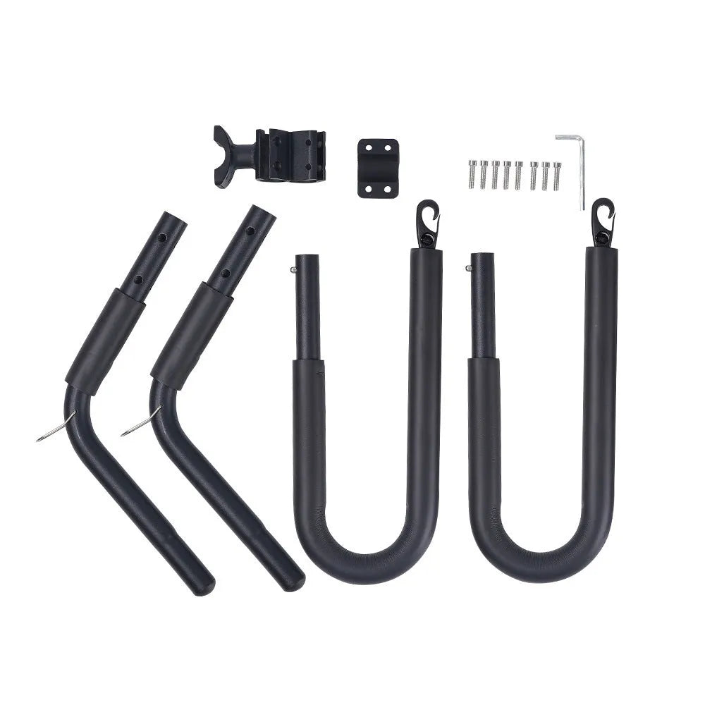 Black aluminium bicycle surfboard hanger bracket on a bike with surfboard attached