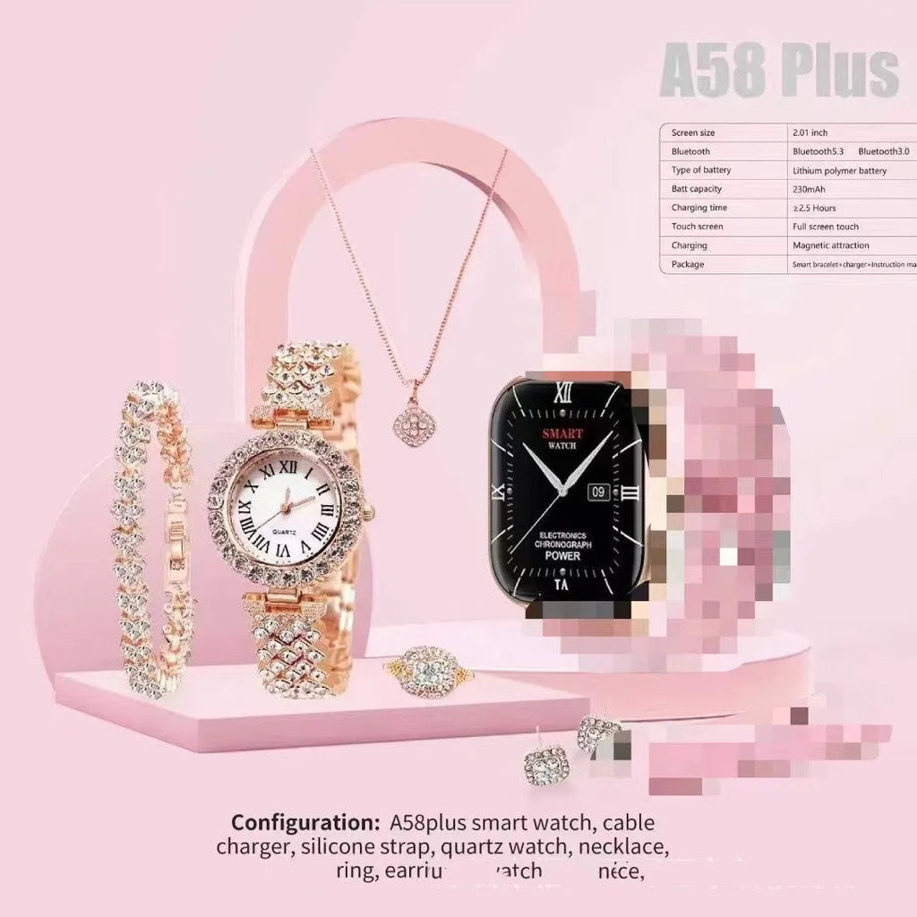 A58plus smart watch on wrist showing interface, with colour options of black, gold, silver, grey, and beige.