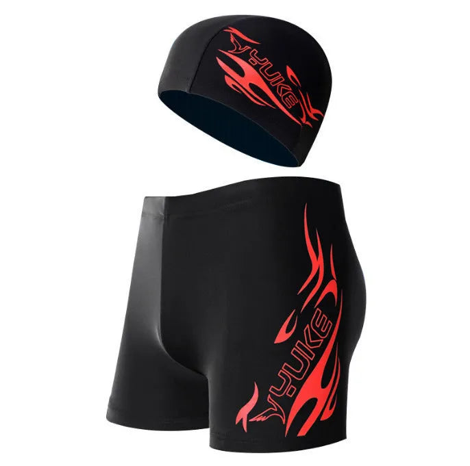 Men's plus size polyester swimming trunks with fire pattern design on black background