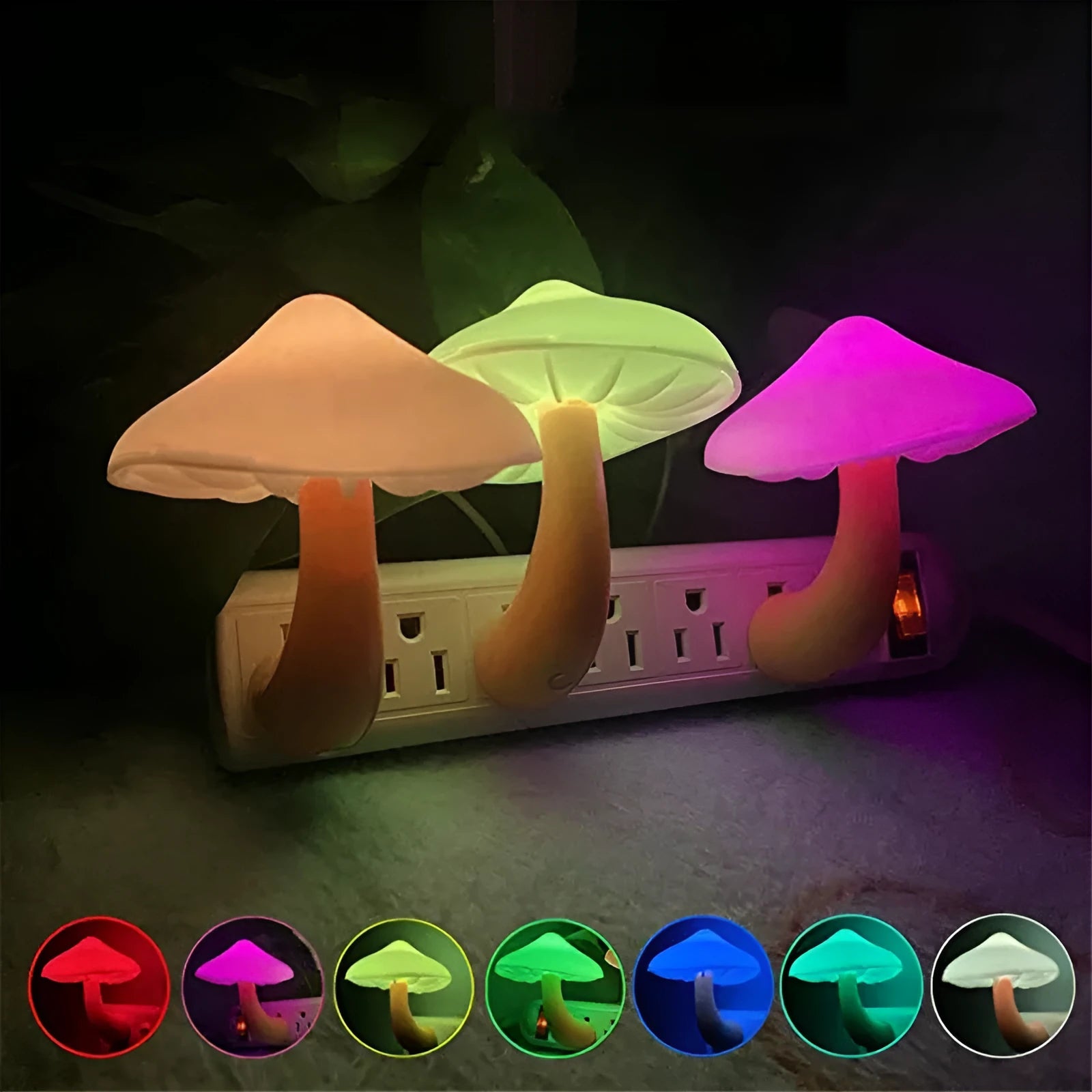 Mushroom-shaped LED night light with light sensor, warm yellow glow, plugging into a wall socket