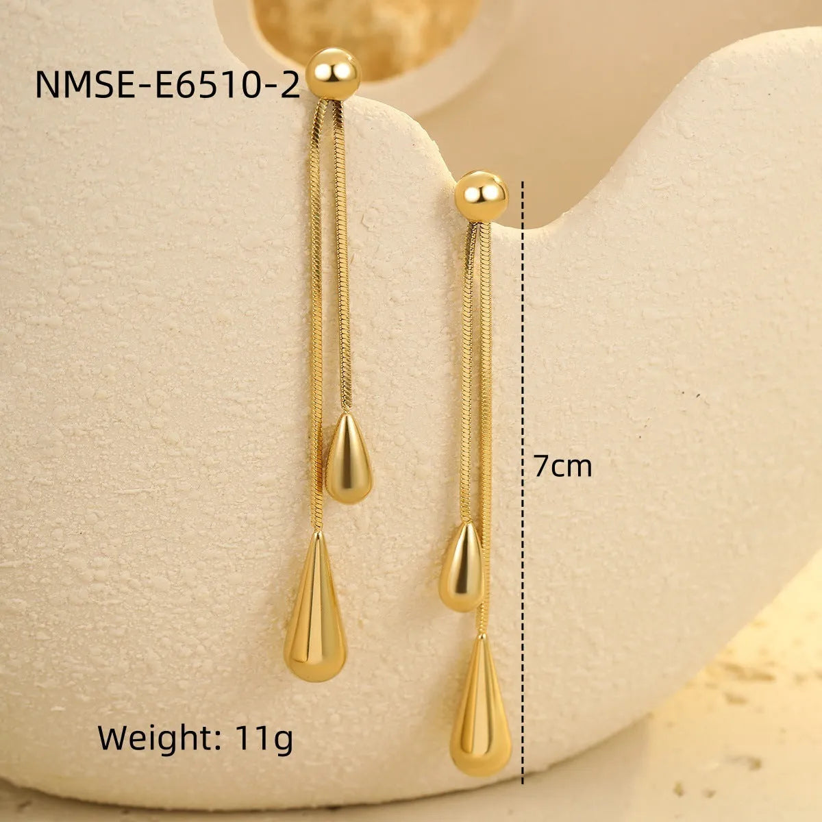 Stainless steel tassel water drop earrings with Y-word chain ornament in 18K gold electroplated finish, geometric drop-shaped design