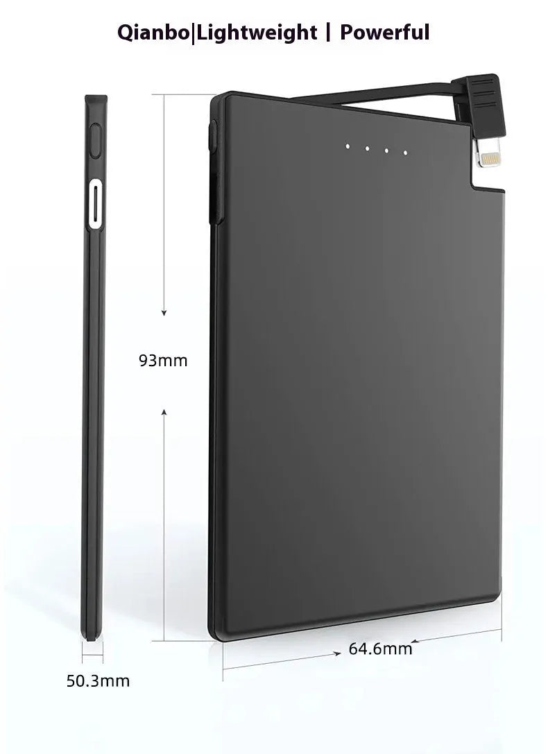 Ultra-thin black portable power bank with built-in cable, 2600mAh to 5000mAh, stainless steel PC TPE shell