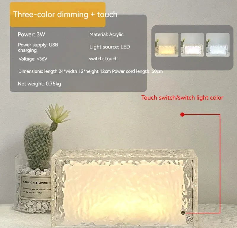 Clear acrylic ice cube shaped night lamp with geometric design and touch controls