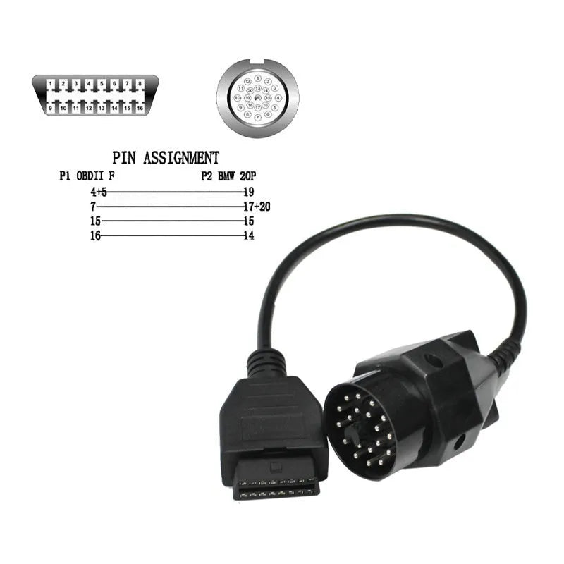 BMW 20-pin male to OBD2 16-pin female diagnostic adapter cable on a workshop bench