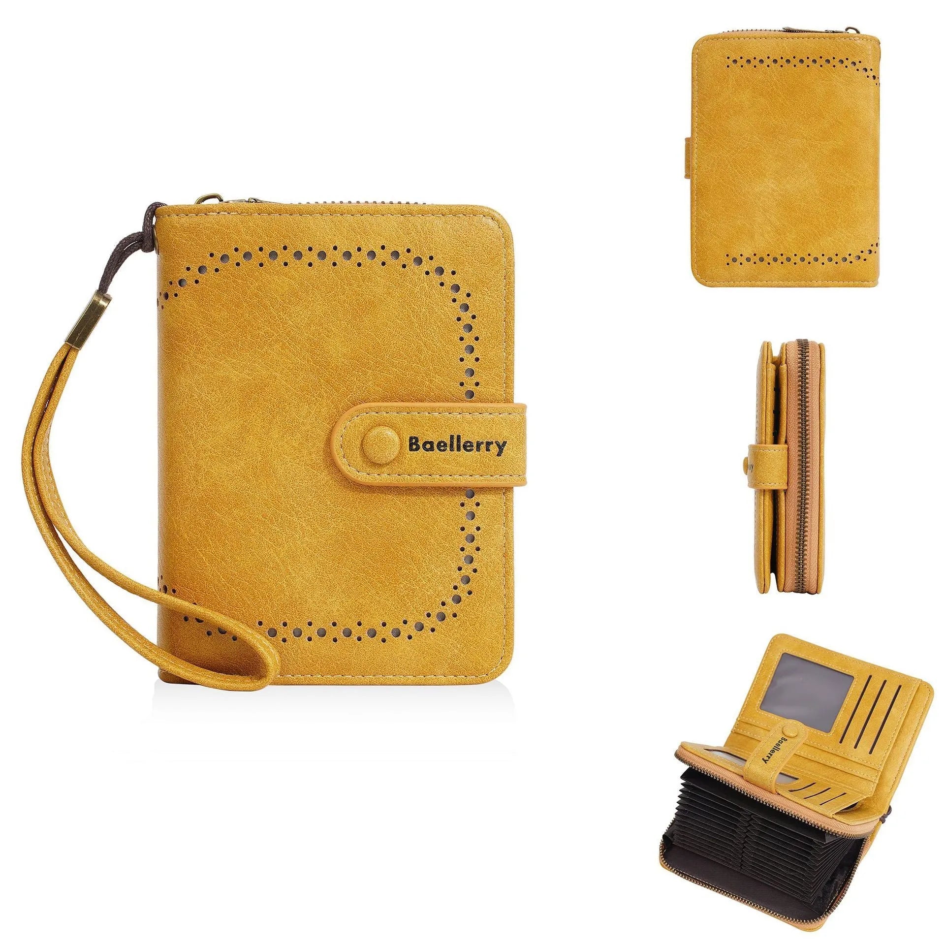 Women's black PU leather zipper coin purse with integrated card slots open.