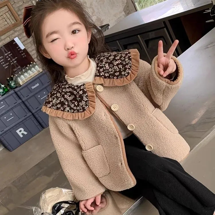Mori style khaki fleece-lined coat for baby girls, long sleeve casual winter outerwear