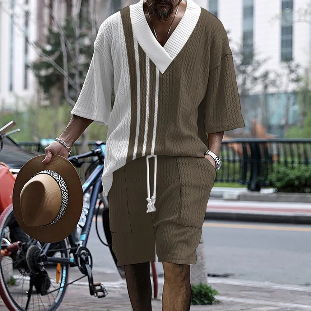 Men's printed knitted shorts suit with drop-shoulder short-sleeved top and matching shorts