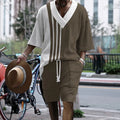 Men's printed knitted shorts suit with drop-shoulder short-sleeved top and matching shorts