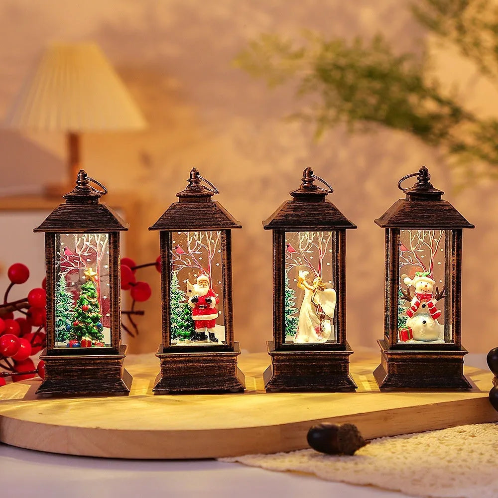 Christmas portable oil lamp with Santa Claus design, plastic construction, battery powered LED light for indoor outdoor hanging decoration