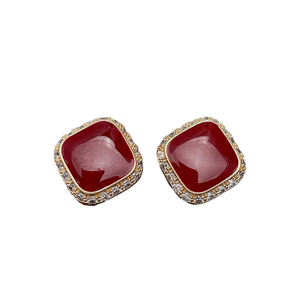 Geometric square earrings with retro red finish and inlaid pattern